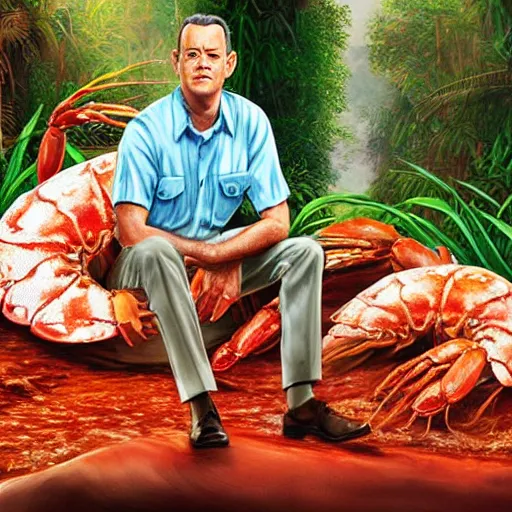 Image similar to Tom Hanks as forrest gump sitting on a giant shrimp in the jungle, realistic digital painting, photoreailstic, realistic face, amazing detail, sharp