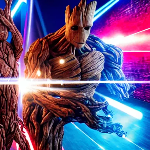 Image similar to groot and optimus prime dancing at techno party among people, wide shoot, after effect, ultra realistic