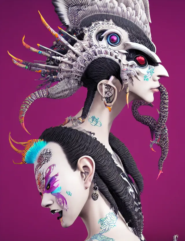 Image similar to 3 d goddess close - up profile portrait punk with mohawk with ram skull. beautiful intricately detailed japanese crow kitsune mask and clasical japanese kimono. betta fish, jellyfish phoenix, bio luminescent, plasma, ice, water, wind, creature, artwork by tooth wu and wlop and beeple and greg rutkowski