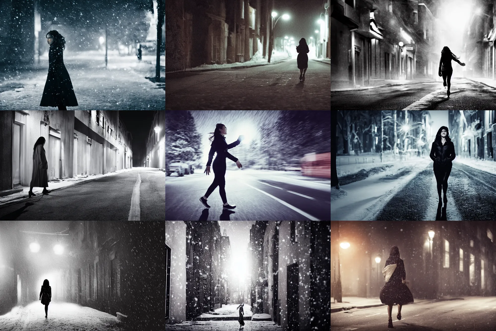 Prompt: woman 3 6 years old in one white sheet runs along a dark street in winter, cinematic, dark background