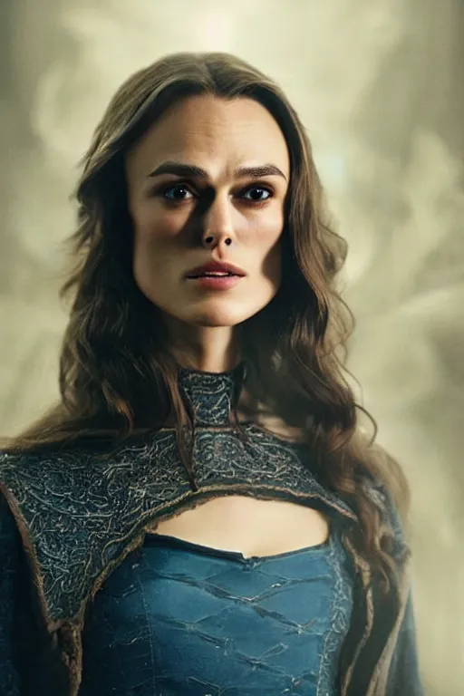 Prompt: a portrait of beautiful keira knightley as rowena ravenclaw, cinematic lighting