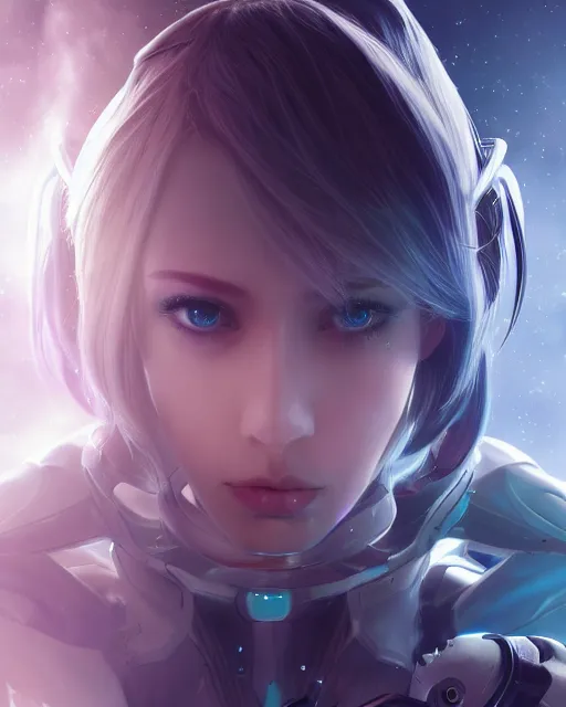 Image similar to perfect android girl on a mothership, warframe armor, beautiful face, scifi, futuristic, galaxy, nebula, raytracing, dreamy, long white hair, blue cyborg eyes, sharp focus, cinematic lighting, highly detailed, artstation, divine, by gauthier leblanc, kazuya takahashi, huifeng huang