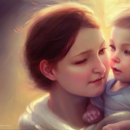 Image similar to love is patient love is kind, mother and child ; photorealistic oil painting by charlie bowater and mark blooms ; highly detailed cute faces by wlop ; trending on artstation