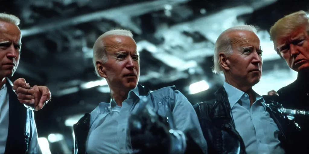 Image similar to joe biden in the terminator shooting terminator donald trump, cinematic, establishing shot, two characters facing each other, extremely high detail, photorealistic, cinematic lighting, James Cameron