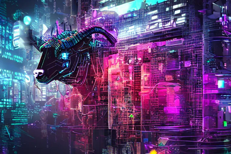 Image similar to complex cyberpunk machine background merged with evil cybernetic goat head in center focus, multicolored digital art