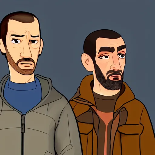 Prompt: niko and roman bellic from gta iv in disney pixar style