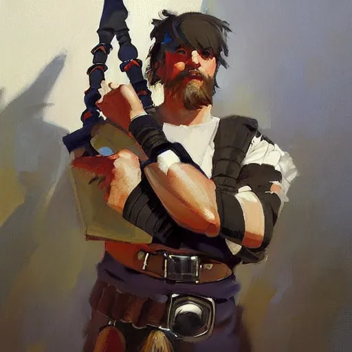 Image similar to greg manchess portrait painting of scottish man playing the bagpipesr overwatch character, medium shot, asymmetrical, profile picture, organic painting, sunny day, matte painting, bold shapes, hard edges, street art, trending on artstation, by huang guangjian and gil elvgren and sachin teng