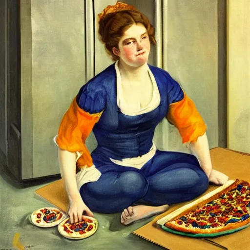 Image similar to A beautiful print of a young lady with a serious case of the munchies, eating an entire pizza while sitting in front of an open refrigerator. body paint by Harriet Backer, by Go Nagai funereal