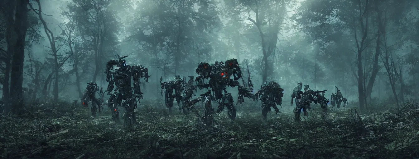 Prompt: image of deep forest with terrific and creepy mechwarriors with volumetric lights, running and hunting people, post - apocalyptic style, high detail, dramatic moment, motion blur, ground fog, dark atmosphere, saturated colors, by james paick, render unreal engine - h 7 0 4