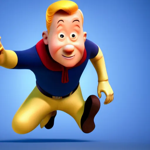 Image similar to tin tin, depicted as a pixar character, high quality cg render, 4 k