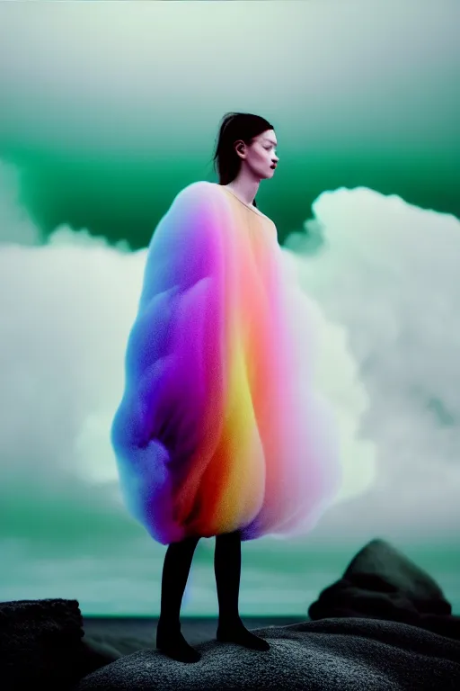 Image similar to high quality pastel coloured film close up wide angle photograph of a model wearing clothing resting on cloud furniture in a icelandic black rock!! environment in a partially haze filled dreamstate world. three point light, rainbow. photographic production. art directed. pastel colours. volumetric clouds. pastel gradient overlay. waves glitch artefacts. extreme facial clarity. 8 k. filmic.