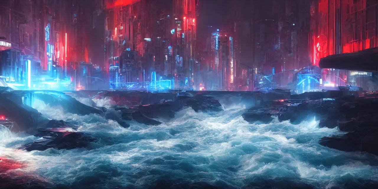 Image similar to turbulent river rapids rushing through a futuristic city at night , volumetric lighting, blue and red glowing lights, 4k, octane, unreal engine, high contrast, high saturation , cinematic film still, by artgerm and greg rutkowski