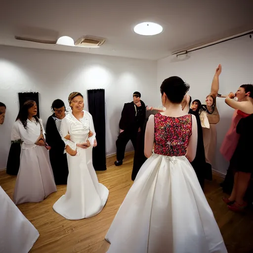 Image similar to professional fun souvenir photograph of a wedding dress fitting session. the bride is in the center of the photo.