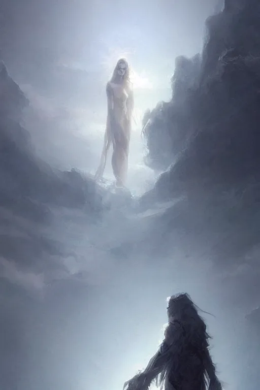 Image similar to a beautiful terrifying pale humanoid giant looms over a tiny human. ethereal fantasy art by greg rutkowski