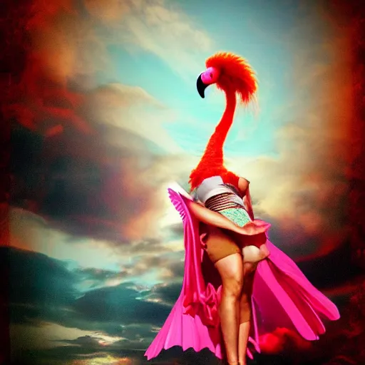 Image similar to a goddess wearing a flamingo skirt, on fire, photoshop, colossal, creative, giant, digital art, city, photo manipulation, clouds, sky view from the airplane window