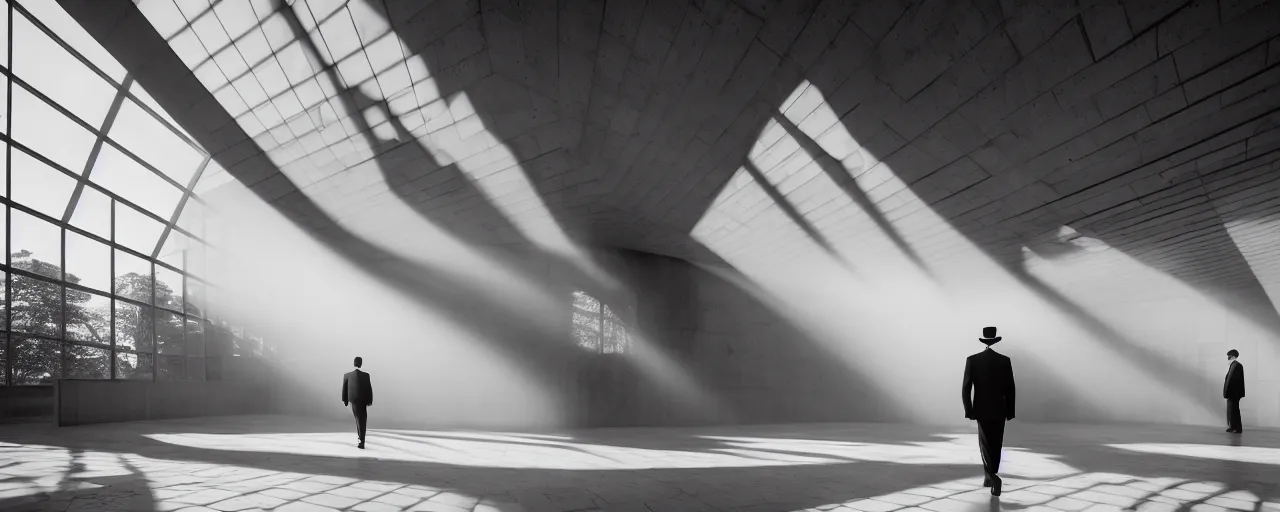 Prompt: Hyper realistic brutalist museum interior, parametric architecture, alone man with suit and hat walking in the distance, sun rays at sunset, soft shadows, volumetric fog, Hyper realistic film photography, Zeiss 24mm f2.8, Hasselblad, insanely detailed, sharp focus