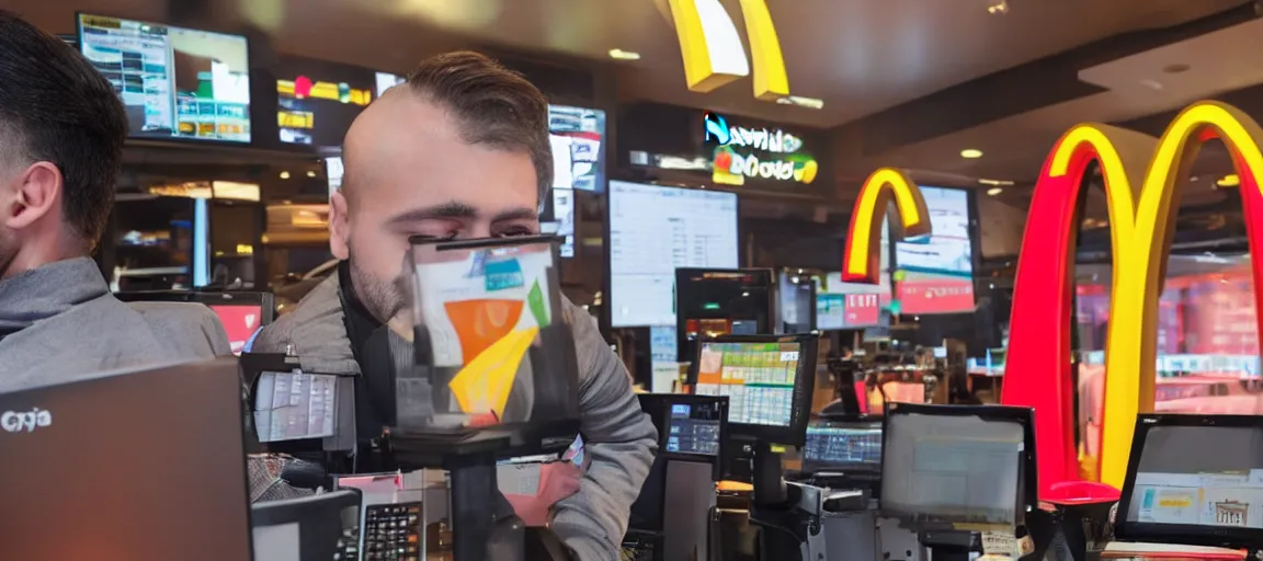 Image similar to ex crypto currency trader working in mcdonals