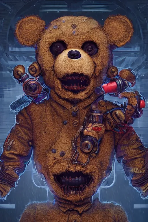 Prompt: portrait of a creepy horror monoxide teddy bear with mask . intricate abstract. intricate artwork. nightmare fuel. terrifying. by Tooth Wu, wlop, beeple, dan mumford , trending on artstation, greg rutkowski very coherent symmetrical artwork. cinematic, hyper realism, high detail, octane render, 8k, iridescent accents