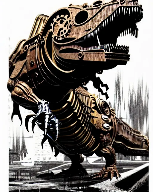 Image similar to a steampunk cyborg t - rex dinosaur, high details, symmetry, bold line art, by vincent di fate and joe fenton, inking, etching, screen print, masterpiece, trending on artstation, sharp, high contrast, hyper - detailed,, hd, 4 k, 8 k