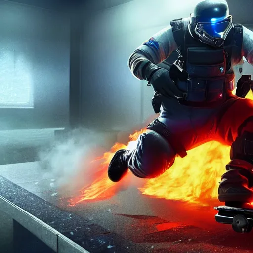 Image similar to Montagne from Rainbow Six Siege standing on a hoverboard with explosions and flames behind him, realistic, HDR, 8k, trending on artstation