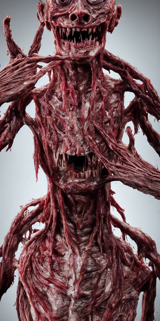 Image similar to smiling photorealistic ultra detailed humanoid creature made of decomposed bloody flesh and bones, the woods, night, extremly detailed, 8 k, realistic, sharp focus, cosmic horror creature, cosmic horror, from the movie the thing, mysterious creature, bloody eyes, big eyes