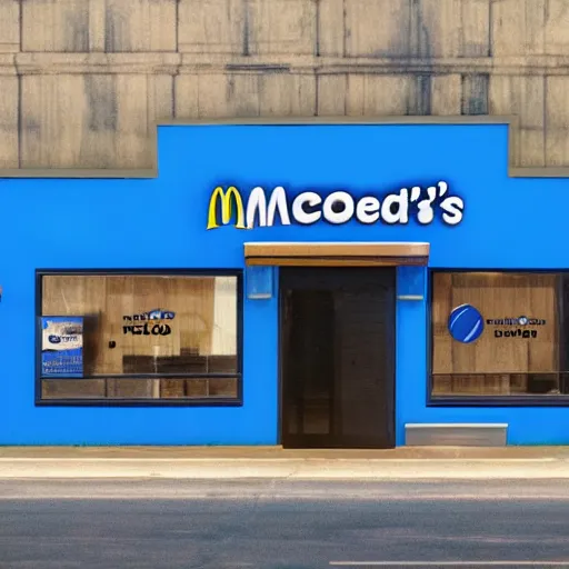 Prompt: McDonald's Restaurant, Blue themed, blue colors, blue walls, blue logo, 4k, realistic, award-winning photograph