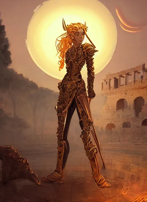 Image similar to portrait knights of zodiac girl, golden and copper shining armor, in ruined agora of athens sunrise, ssci - fi and fantasy, intricate and very very beautiful and elegant, highly detailed, digital painting, artstation, concept art, smooth and sharp focus, illustration, art by wlop and ilya kuvshinov and z - - ed and tian zi