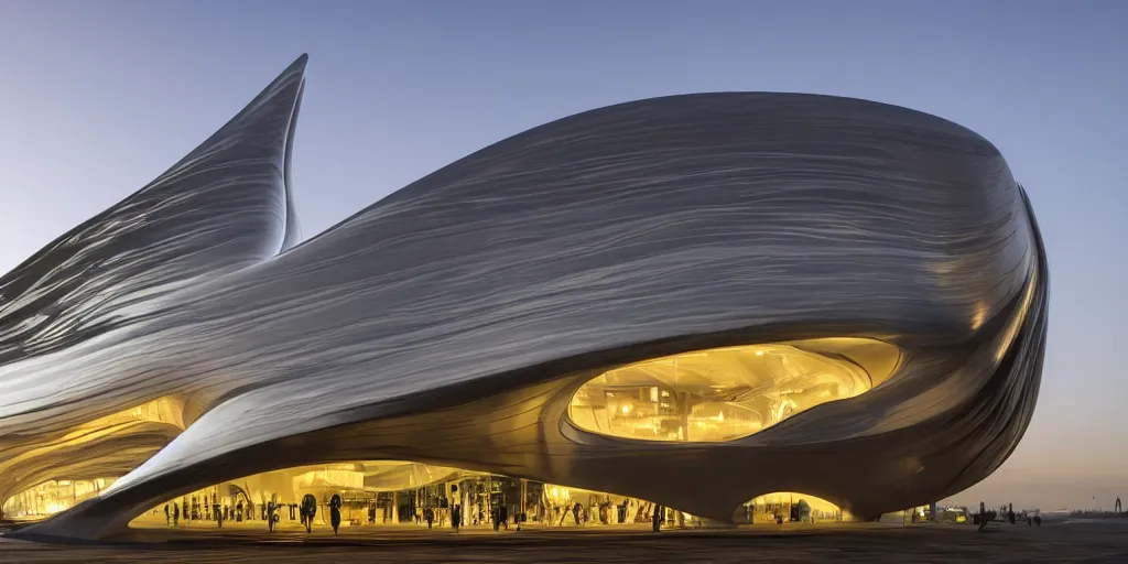 Image similar to extremely elegant smooth detailed stunning sophisticated beautiful elegant futuristic museum exterior by Zaha Hadid, smooth curvilinear design, stunning volumetric light, stainless steel, concrete, translucent material, beautiful sunset, tail lights