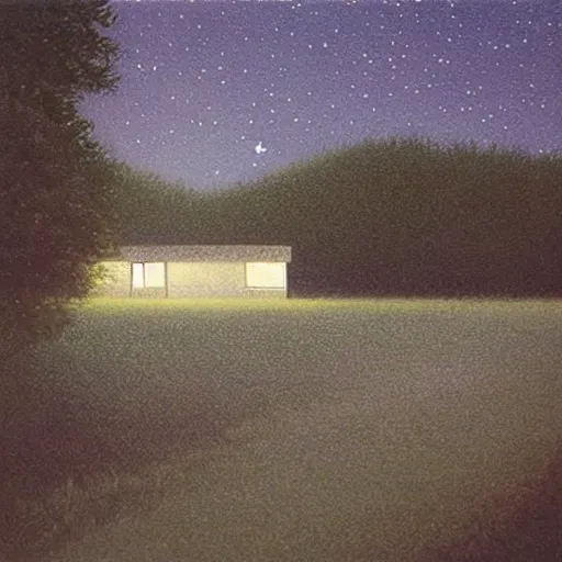 Image similar to painting by by Quint Buchholz, atmospheric cozy futuristic organic white concrete house in the middle of a lush and dense forest at night, a beautiful lake next to it, night time, night sky, starry night sky, by Quint Buchholz