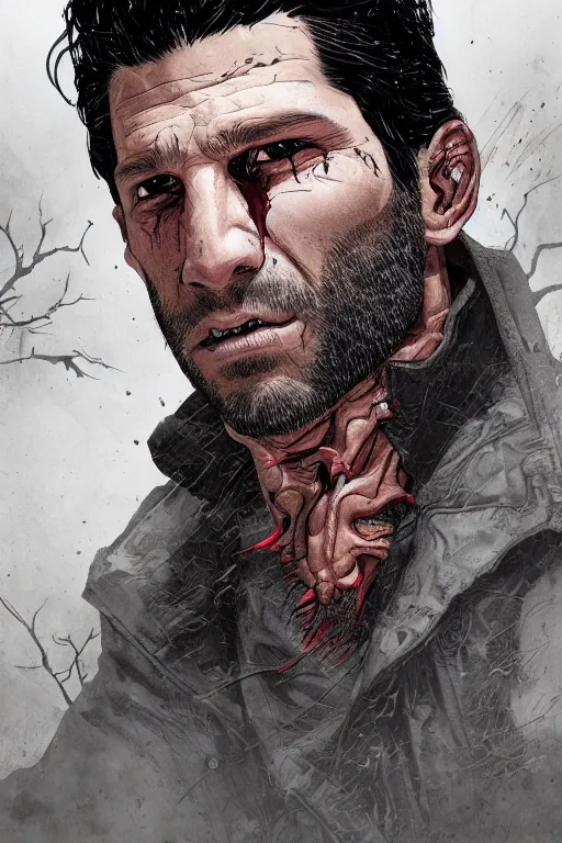 Image similar to jon bernthal in sleepy hollow, full body, big two toned eyes, teeth gritted, horror, intricate details, cinematic, epic, realistic, anatomy, tomer hanuka, uplight, artstation, photorealistic, scary