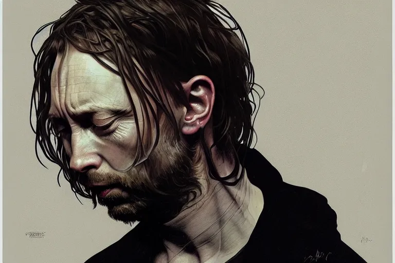 Image similar to hyper realistic portrait of thom yorke singer songwriter, side, liminal space, by lee bermejo, alphonse mucha and greg rutkowski