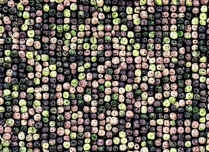 Prompt: zuckerberg's face composed of many small zucchinis in a mosaic pattern on black background