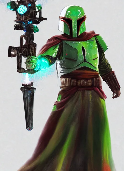 Image similar to arcane wizard x boba fett, fantasy inspired boba fett as a wizard, 3 d digital art, character mashup, epic volumetric lighting, combination art, photorealistic