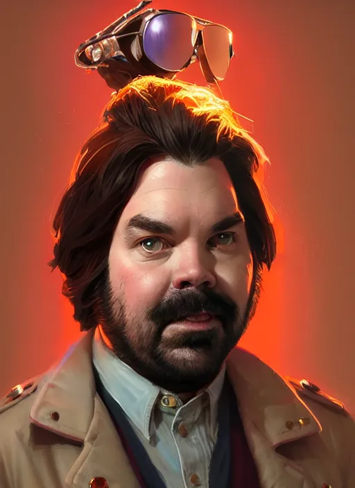 Image similar to highly detailed portrait of matt berry as jackie daytona, what we do in the shadows, unreal engine, fantasy art by greg rutkowski, loish, rhads, makoto shinkai and lois van baarle, ilya kuvshinov, rossdraws, tom bagshaw, global illumination, radiant light, detailed and intricate environment