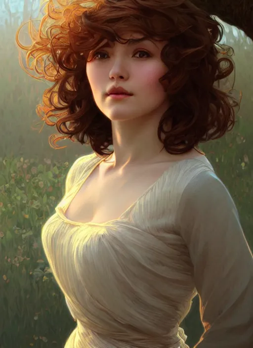 Image similar to a woman with short wavy hair, round face, cottagecore!!, river, trees, intricate, elegant, highly detailed, digital painting, artstation, concept art, smooth, sharp focus, illustration, art by artgerm and greg rutkowski and alphonse mucha