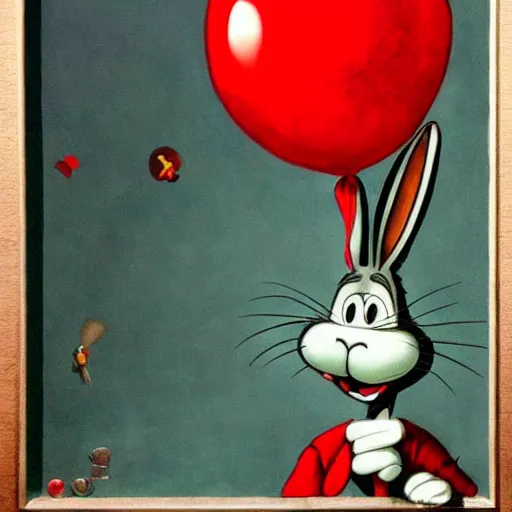 Prompt: grunge painting of bugs bunny with a wide smile and a red balloon by tim burton, detailed, elegant, intricate, conceptual