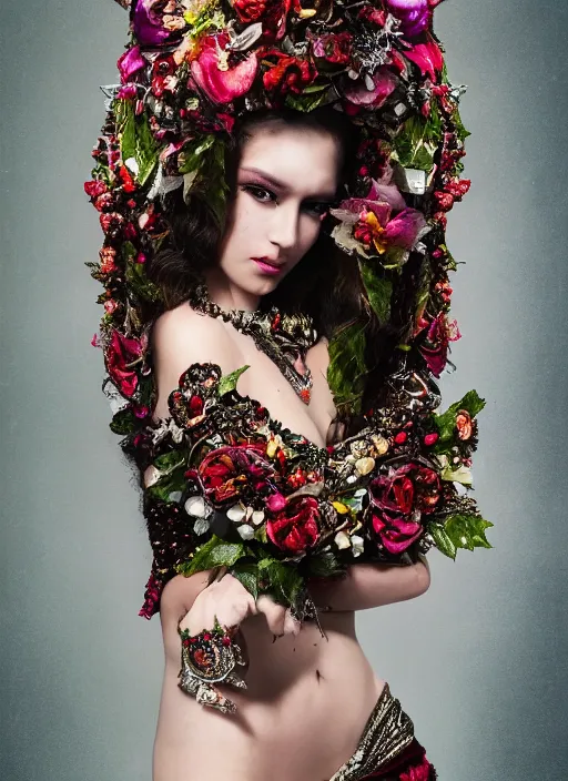 Image similar to full body environmental portrait photo of a young and beautiful female model, ornate headpiece made from flowers, ornaments, glamour shot by gemmy woud - binnendijk, chris knight, photorealistic, canon r 3, fashion photography, ornate, symmetrical features, octane render, unreal engine, solid dark background, clamp shell lighting, rim lighting