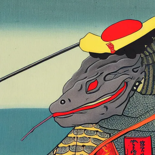 Prompt: a painting of a komodo dragon wearing samurai garb and a ronin straw hat in an ukiyo e style