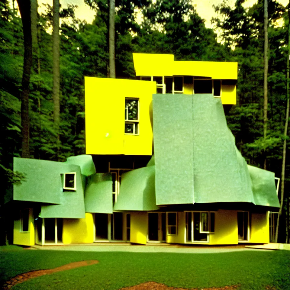 Image similar to a flat horizontal mid-century modern house with big tiles in a forest, designed by Frank Gehry. Film grain, cinematic, yellow hue