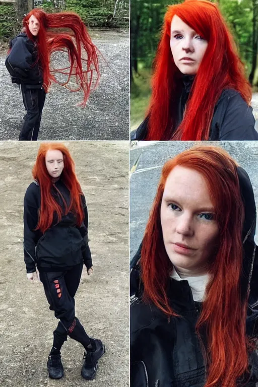 Image similar to beautiful red haired british woman in techwear, techwear look and clothes, hyper-maximalist, highly-detailed and intricate, ACRNYM, Errolson Hugh, Y3, trending on r/streetwear, outfit photo, we see them from head to toe