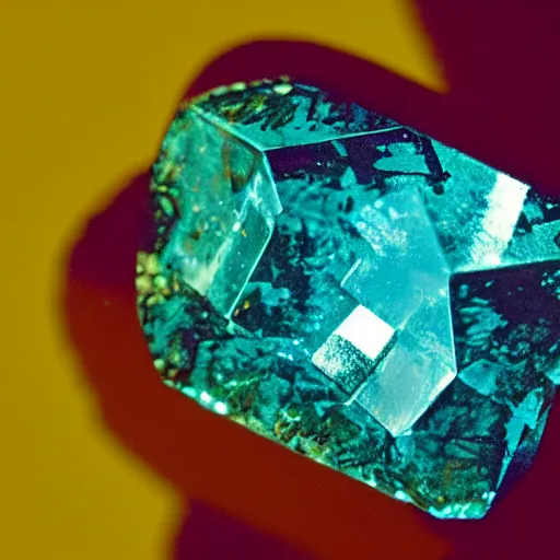 Image similar to a deep red, glowing crystal on a rock, 8 mm film footage