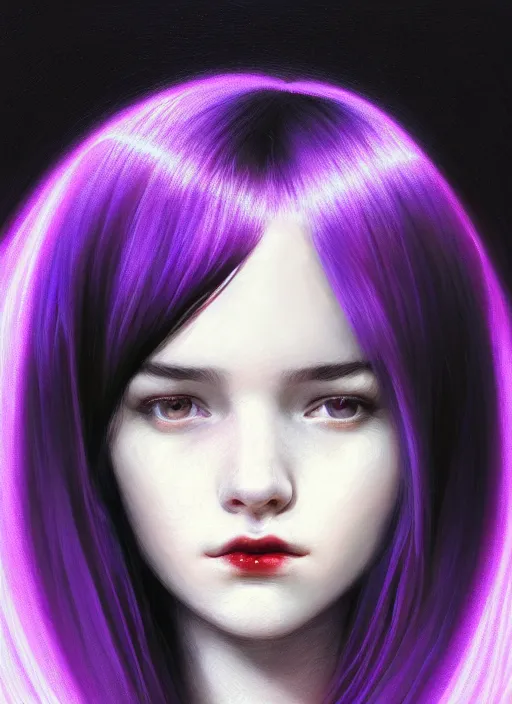 Image similar to portrait of teenage girl with white bangs, red irises, bangs, black and white hair, purple clothes, white bangs, two color hair, black hair and white bangs, intricate, elegant, glowing lights, highly detailed, digital painting, artstation, concept art, smooth, sharp focus, illustration, art by wlop, mars ravelo and greg rutkowski