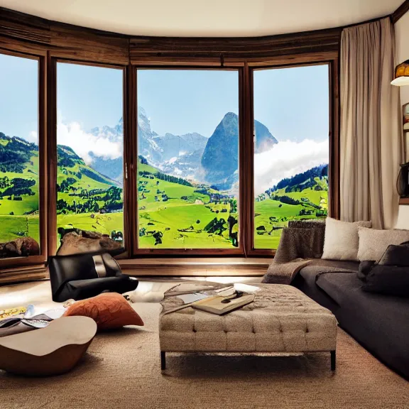 Image similar to fantastical living room with switzerland landscape in the window