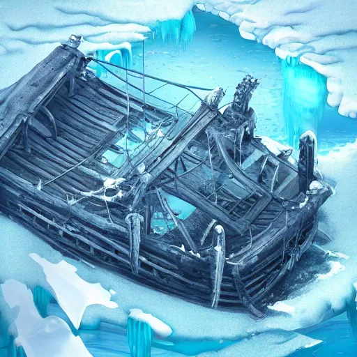 Prompt: sketch of an abandoned pirate ship encased in ice in an icy bay, aerial view, artwork by harumi hiornaka, highly detailed volumetric lighting, biomech style, concept art by michael hutter