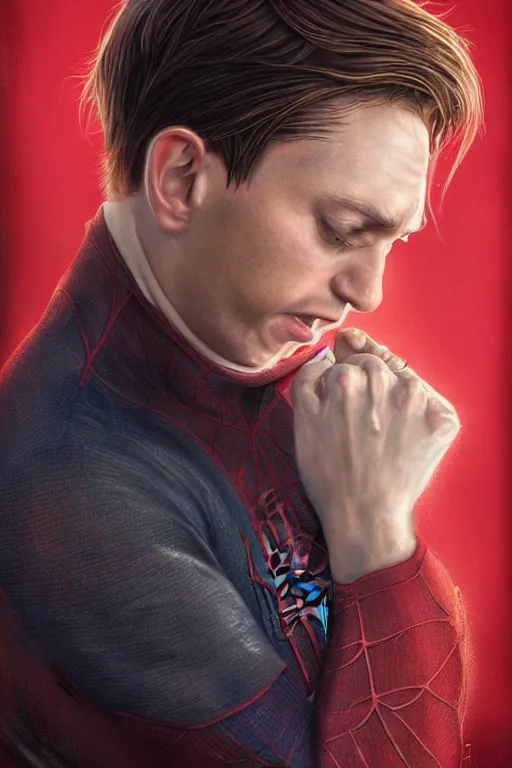 Prompt: a beautiful ultradetailed vintage photo of a toby maguire crying while playing spider man, by tom bagshaw and anna dittman, portrait, 2 4 mm lens, golden ratio composition, detailed face, studio photography, very detailed, humanoids, artstation, 8 k, highly coherent