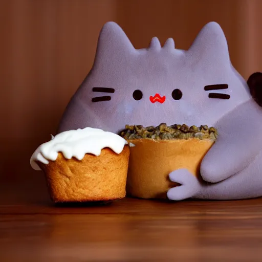 Image similar to Pusheen cat eating a muffin