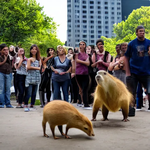 Image similar to Crowd gathers around a capybara doing Chicago footwork dancing, HD photograph, award-winning
