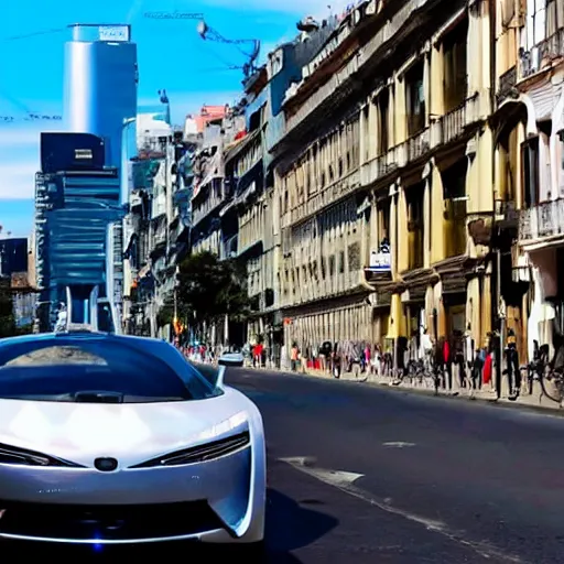 Image similar to Buenos Aires Argentina, futuristic cars in the street, holograms in the street, detailed, hd