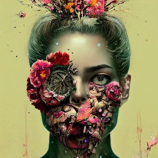 Image similar to art portrait of a camera with flowers exploding out of head, cameras, decaying ,8k,by tristan eaton,Stanley Artgermm,Tom Bagshaw,Greg Rutkowski,Carne Griffiths, Ayami Kojima, Beksinski, Giger,trending on DeviantArt,face enhance,hyper detailed,minimalist,cybernetic, android, blade runner,full of colour,
