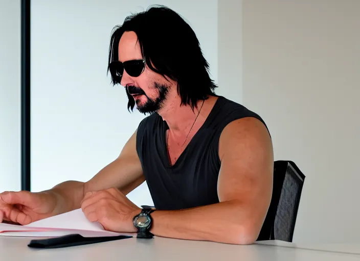 Prompt: Photo of Keanu Reeves in a bikini and sunglasses, reading a document at a desk in an office Highly detailed 8k. Intricate. Sony a7r iv 55mm. Award winning